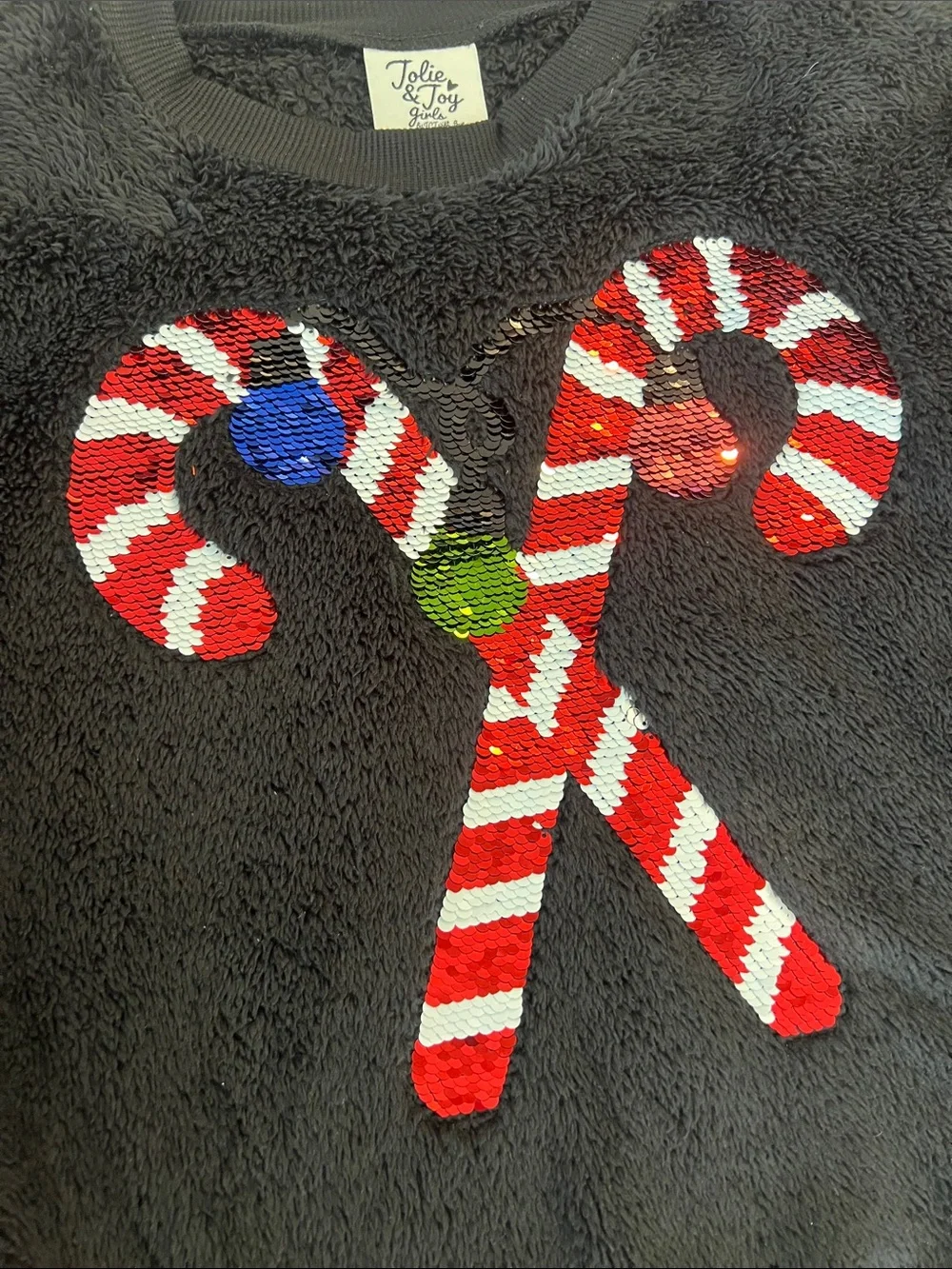 Jolie Black Plush Kids Crewneck Sweater with Red & White Candy Canes